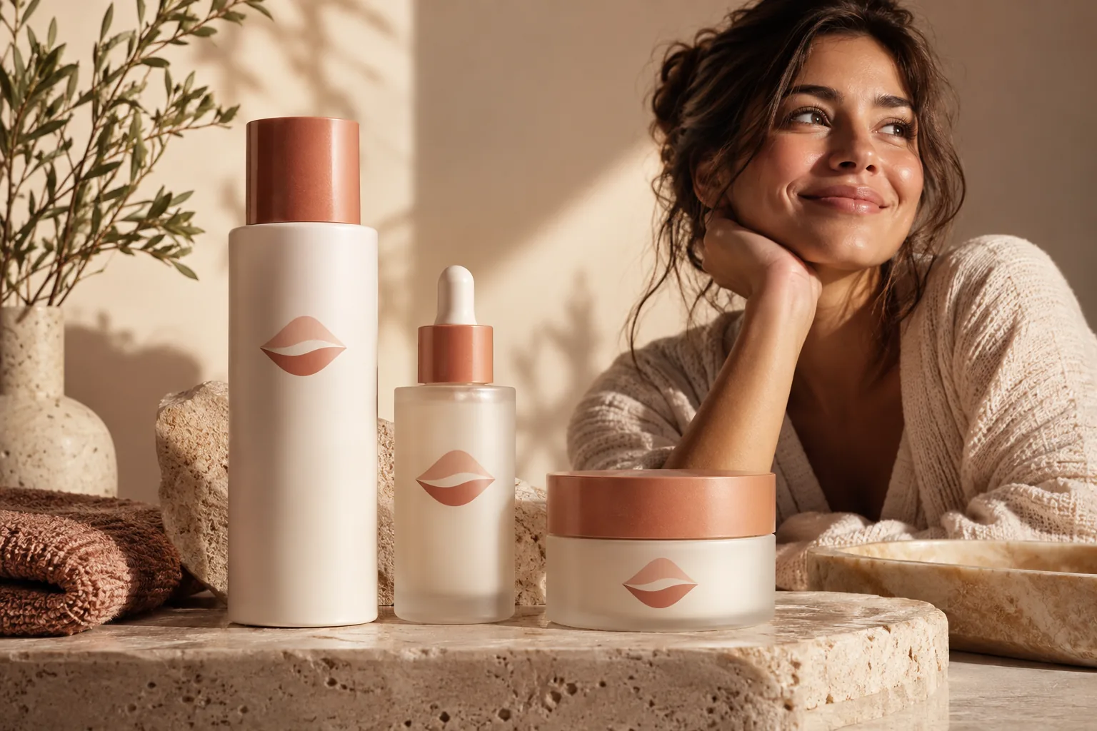 Ein klares Produktwerbelayout mit Hautpflegeflaschen, einem lächelnden Model und warmen neutralen Farben.