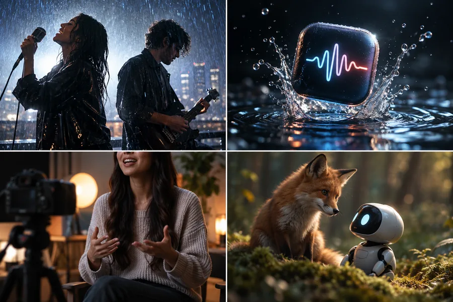 Eine Collage aus vier Panels mit einem dramatischen Paar im Regen, einem leuchtenden Produktsplash, einer präsentierenden Person in einem Studio und einem Fuchs mit einem kleinen Roboter.