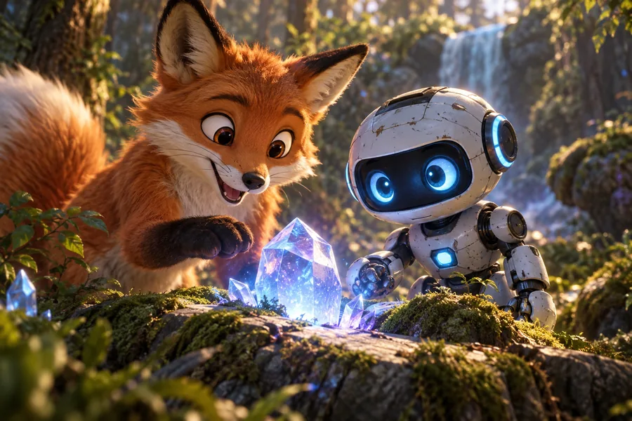 Ein animierter orangefarbener Fuchs und ein kleiner Roboter mit blauen Augen entdecken einen leuchtenden Kristall in einem Wald.