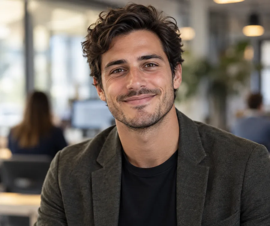 Daniel lächelt in einem professionellen Porträt mit einem sanft verschwommenen Bürohintergrund.