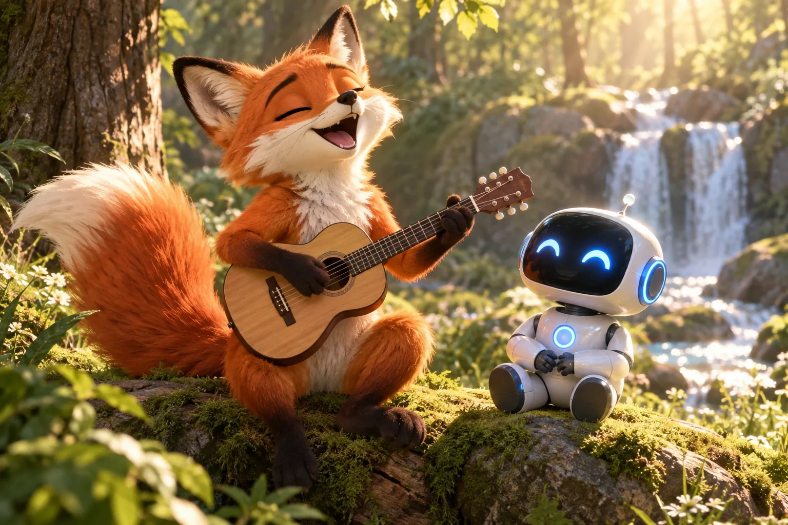 Ein freundlicher Cartoon-Fuchs singt neben einem kleinen leuchtenden Roboter in einem sonnenbeschienenen Wald.