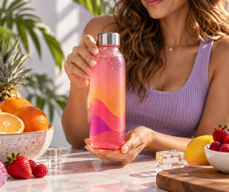 Eine Creatorin präsentiert eine farbenfrohe Getränkeflasche auf einer hellen Tischplatte mit frischem Obst und grafischen Akzenten.