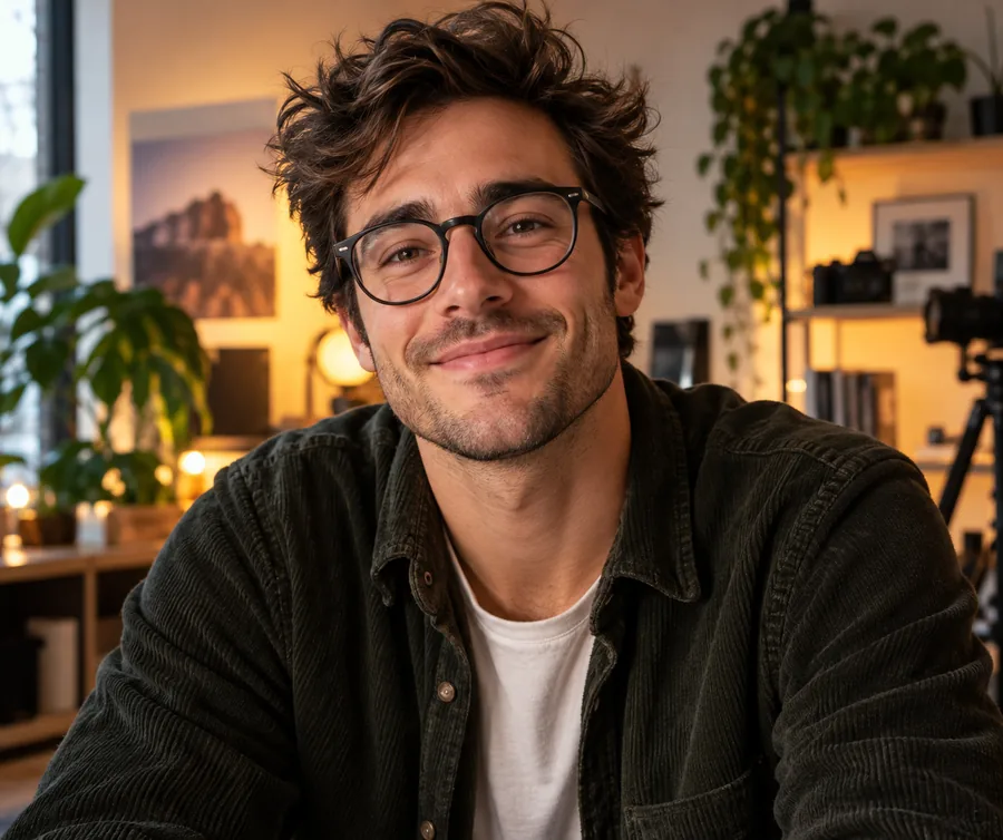 Sam trägt eine Brille und lächelt in einem warmen Editorial-Porträt.