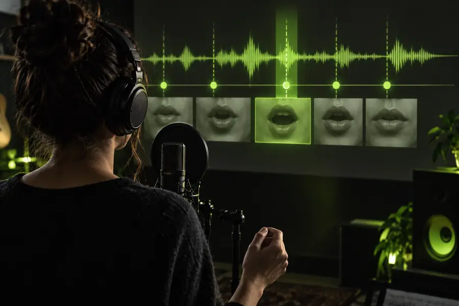 Videoframe mit natürlichem, an die Audiospur angepasstem Mundbewegungs-Timing