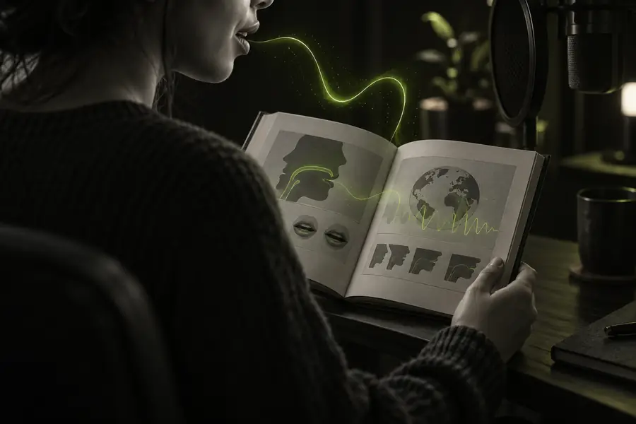 A speaker reading the phrase lip syncing from a language guide